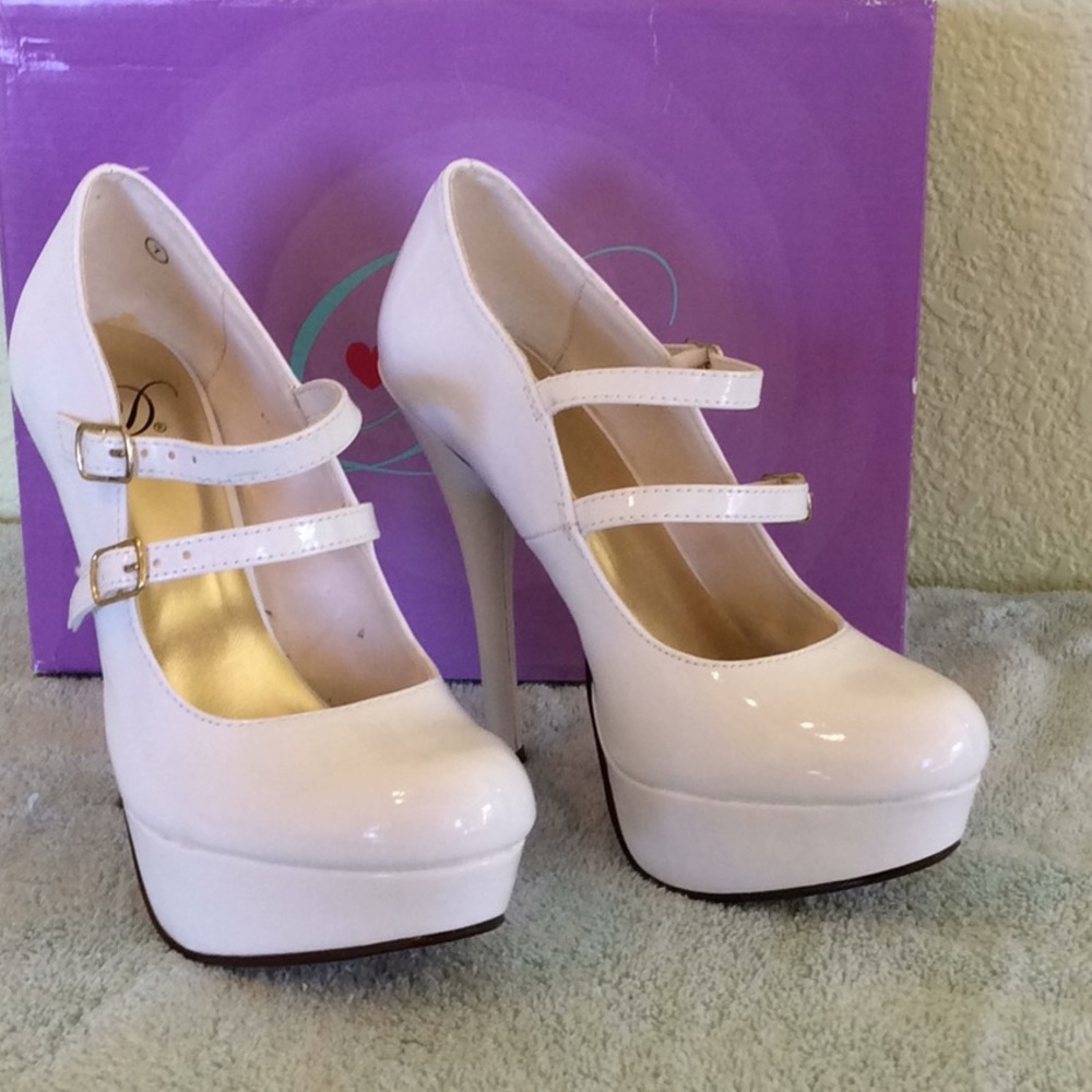 White platform patent leather heels